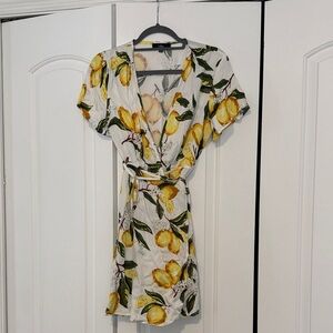 Lulu's White Mini Wrap Dress with Yellow Lemon Print